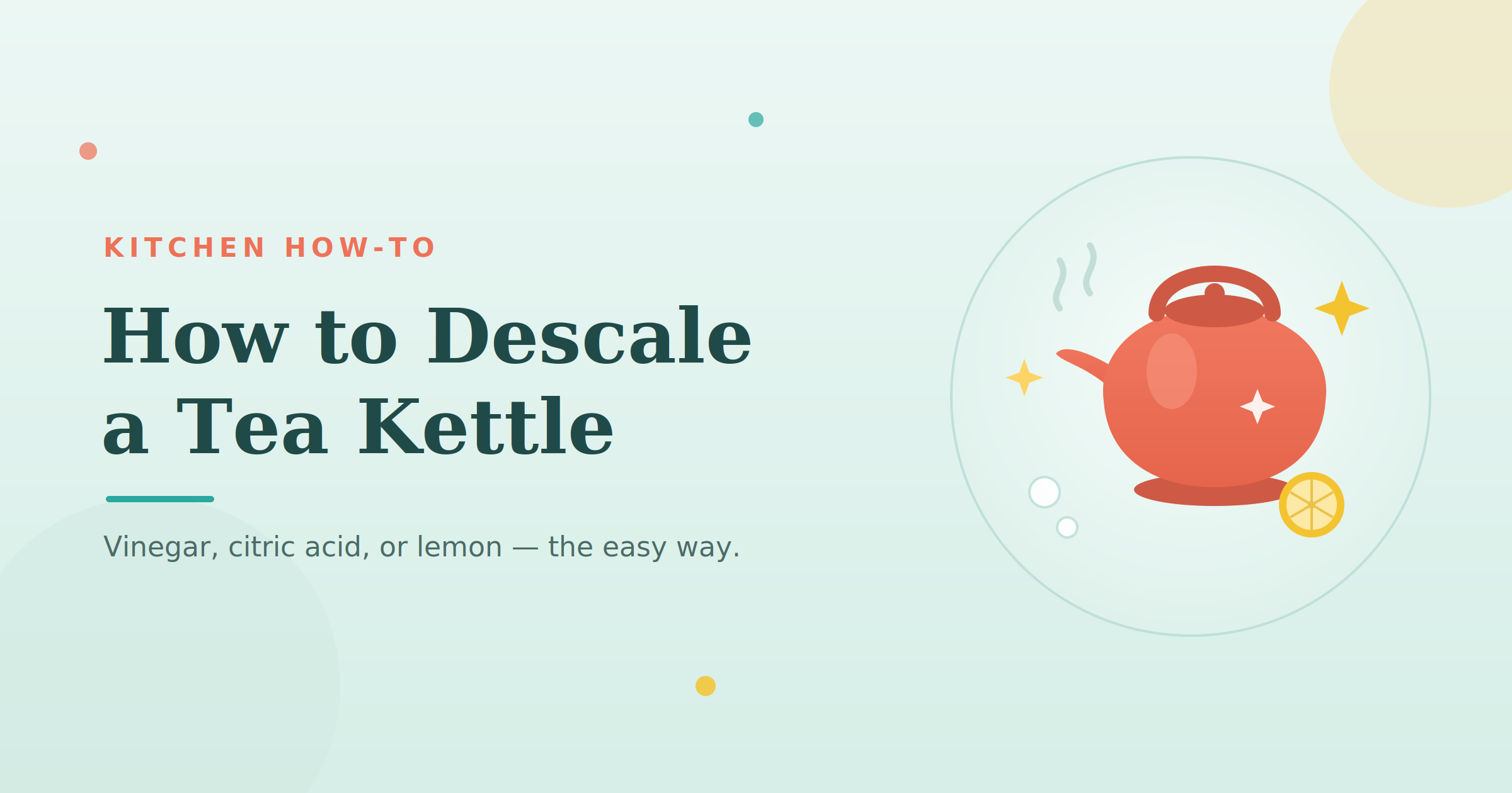 Illustration of a red tea kettle with sparkles and a lemon slice on a mint background, for a guide on how to descale a tea kettle
