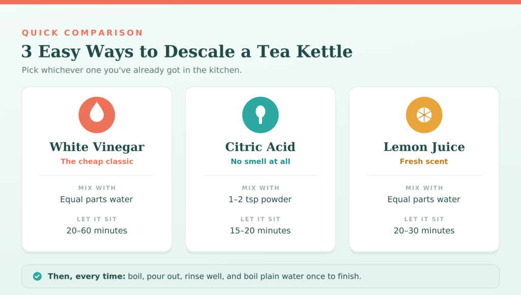 Infographic comparing three ways to descale a tea kettle — white vinegar, citric acid, and lemon juice — with mix ratios and soak times